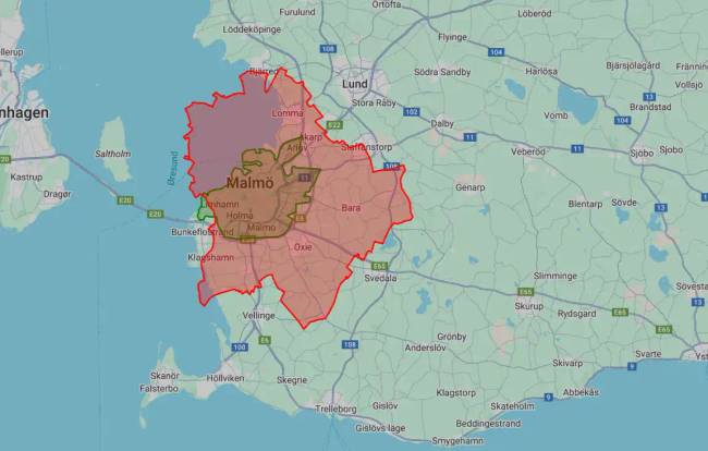 Piros színnel jelöltük Budapest, zöld színnel Malmö méretét.