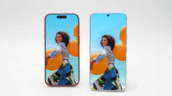A Tecno keret nélküli telefonjának összehasonlítása egy hagyományos kialakítású készülékkel, feltehetően egy iPhone 17 Pro-val.