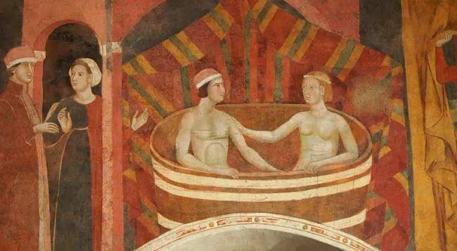 Memo di Filippuccio festő „Házastársi fürdő” című freskója (1320)