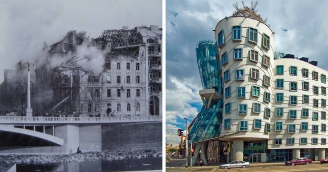 A prágai Resslova utca és sétány sarka a második világháború idején és a Táncoló Ház építése után.