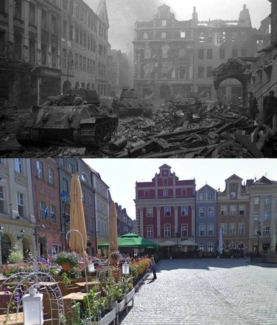 A lengyelországi Poznań köztere a második világháború idején és 2021-ben.