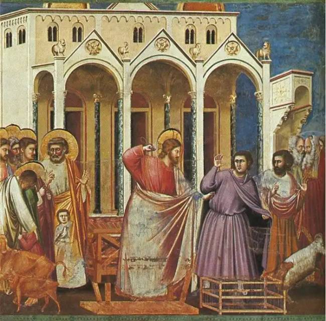 „Kereskedők kiűzése a templomból”, Giotto di Bondone. Scrovegni-kápolna, Padova.