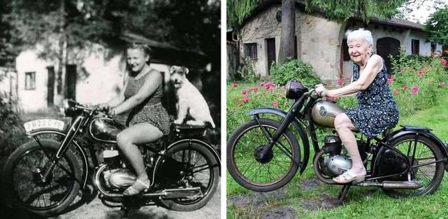 „Szeretem a motorkerékpárokat. Ugyanaz a hely, ugyanaz a nő. 71 év különbséggel."