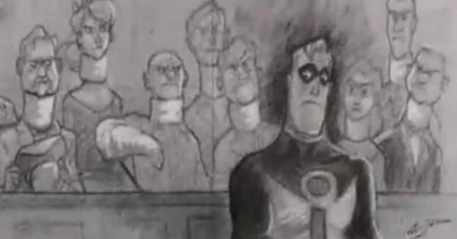 A tárgyalóteremben zajló jelenetek nem animáltak, hanem rajzoltak. (Hihetetlen család, 2004)