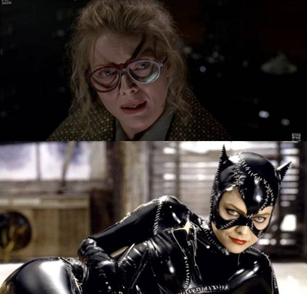 A Batman visszatér (1992) című filmben Selina Kyle szemüvege utal rá, hogy belőle lesz a Macskanő.