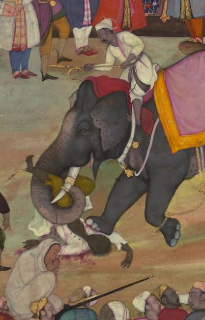 Elefántos kivégzés. Illusztráció az Akbar-náméból.