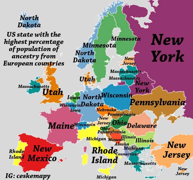 Ez a térkép azt mutatja, hogy melyik amerikai államban található a legtöbb bevándorló a különböző európai országokból.