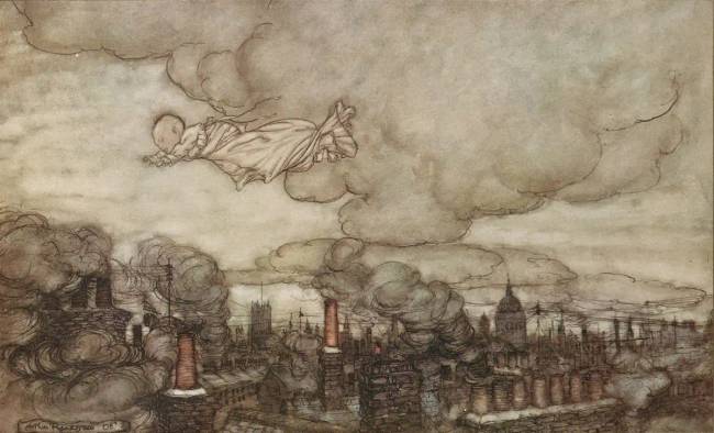 A kis Péter elrepül otthonról (Arthur Rackham illusztrációja).