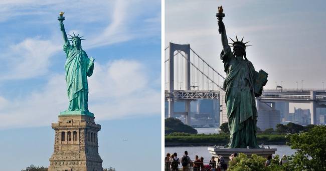 New York-i Szabadság-szobor és annak másolata a japán Odaiba-szigeten.