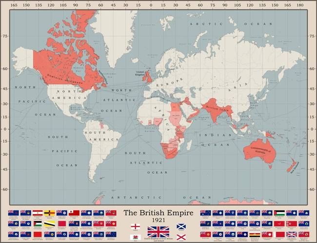 A Brit Birodalom nagysága a területi csúcsa idején, 1921-ben.
