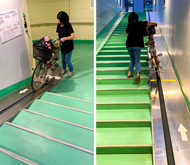 Néhány metróállomáson speciális kerékpár-felvonó található.