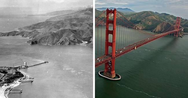 A San Francisco-i öböl a Golden Gate-híd építése előtt és után.
