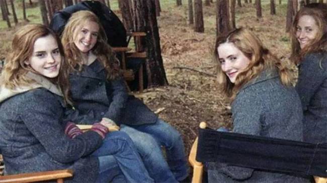 Emma Watson és kaszkadőrjei a Harry Potter forgatásán.