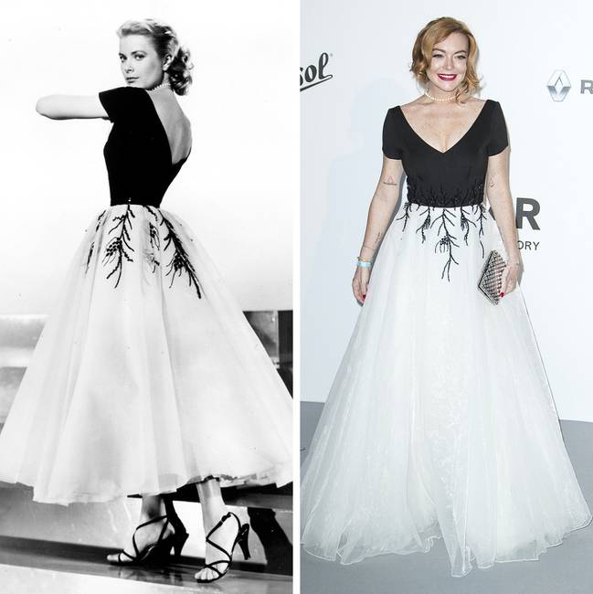 Végezetül: Lindsay Lohan a cannesi gálaestre ugyanazt a ruhát készíttette újra, amit Grace Kelly viselt az 1953-as "Hátsó ablak" című filmben.