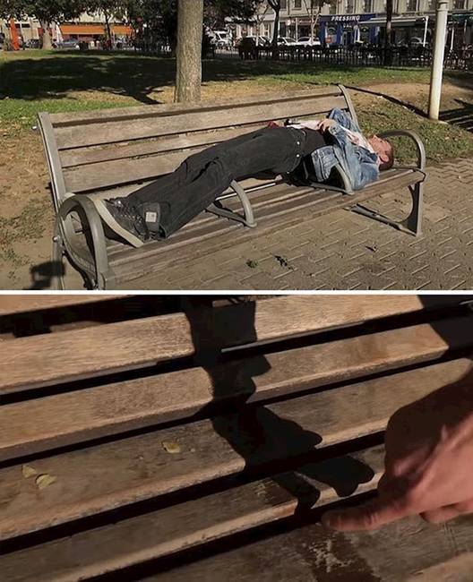 Speciálisan kialakított padok, hogy a hajléktalanok ne tudjanak rajtuk aludni.