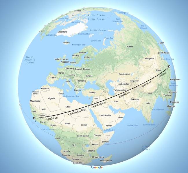 Ez a vonal Libéria és Kína között 13.500 km hosszú. Ez a leghosszabb egyenes vonal a Földön, amin haladva nem ütközünk jelentős mennyiségű vízi akadályba.