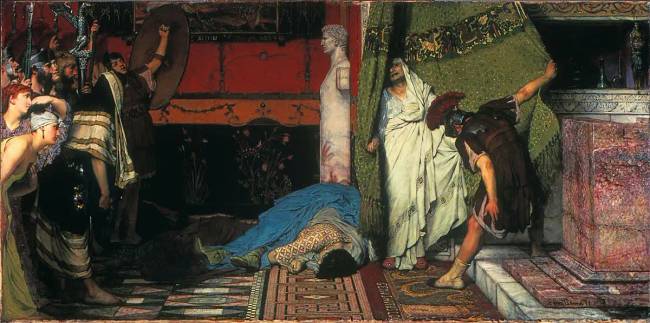 Lawrence Alma-Tadema: "A római császár (Claudius)". Gratus, a praetoriánus gárda tagja félrehúzza a függönyt, hogy megmutassa a rémült Claudiust, akit azonnal császárrá kiáltanak ki.