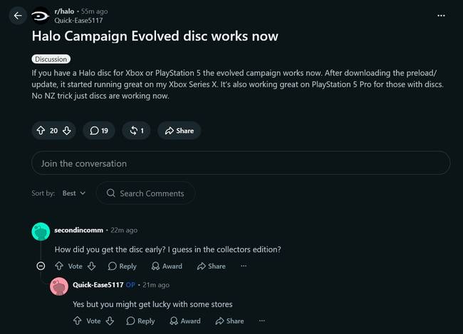 Reddit-hozzászólások a Halo: Campaign Evolved játékosainak lemezeiről