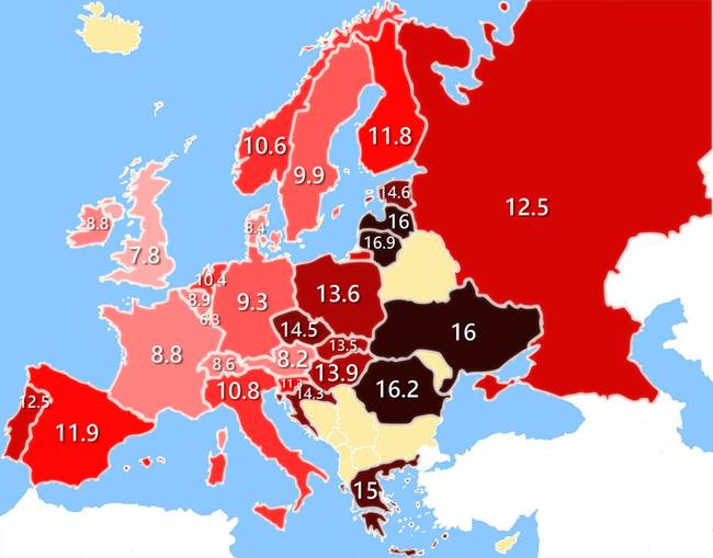 Az európai emberek tulajdonában lévő autók átlagéletkora.