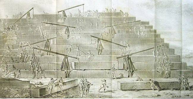 A piramisépítés folyamatának rekonstrukciója Hérodotosz alapján (XVIII. századi metszet)