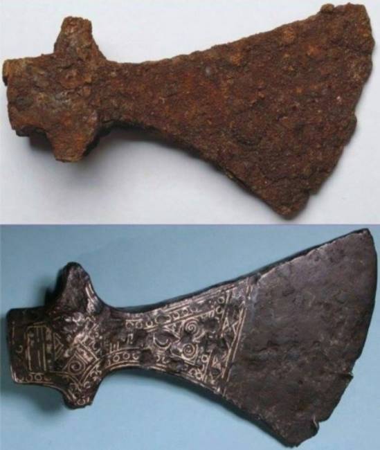 Viking fejsze a restaurálás előtt és után.