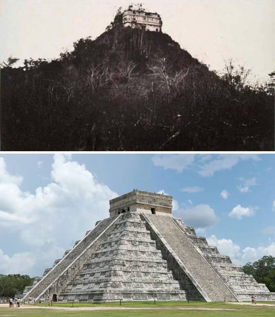 A mexikói Chichén Itzá piramis 1892-ben és most.
