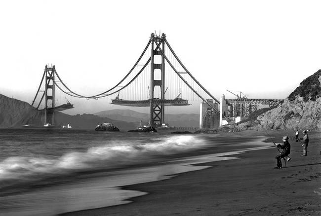 Horgászó férfiak az épülő Golden Gate-híd szomszédságában, 1930-ban.