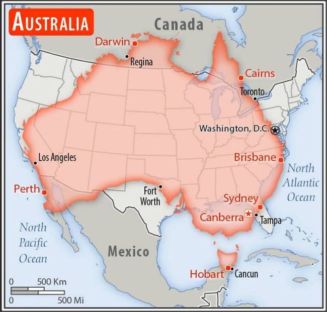 Ausztrália valódi mérete az Egyesült Államokhoz képest.