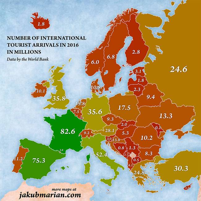 Az adott európai országba érkező turisták száma 2016-ban. (millió fő)
