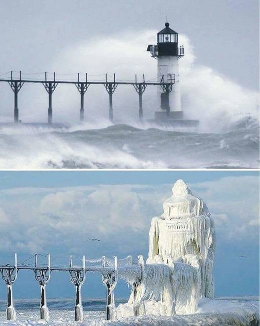 A michigani világítótorony a téli vihar előtt és után.