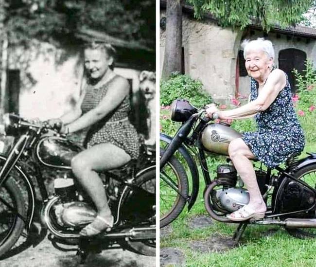 Ugyanaz a kerékpár, ugyanaz a hely, és ugyanaz a nő. Csak épp 71 év különbséggel.