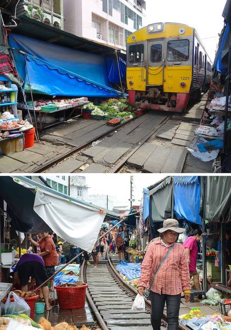A Maeklong Railway Market egy vasúti sín kellős közepén található. Ahányszor vonat érkezik, az eladóknak össze kell csukniuk a bódéikat, a vásárlóknak pedig félreállni az útból.