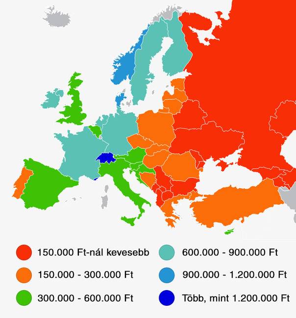 Átlagos havi (nettó) fizetések Európa országaiban. (2018)