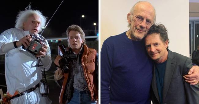 Christopher Lloyd és Michael J. Fox (Doki és Marty) a Vissza a jövőbe című filmből.