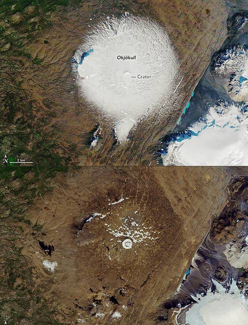 Így nézett ki az izlandi Okjökull gleccser 1986-ban, és 2019-ben.