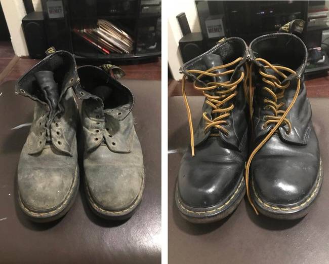 „Egy nagyon öreg Dr. Martens bakancs a helyreállítás előtt és után.