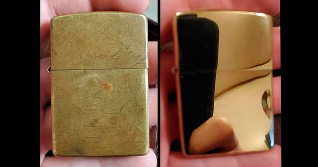 „1995-ös Zippo öngyújtó, polírozás előtt és után."