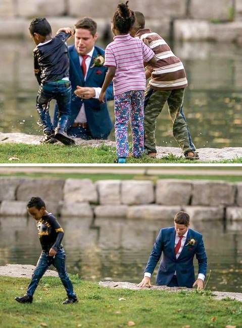 A vőlegény megmentett egy fuldokló srácot az esküvői fotózás közben.
