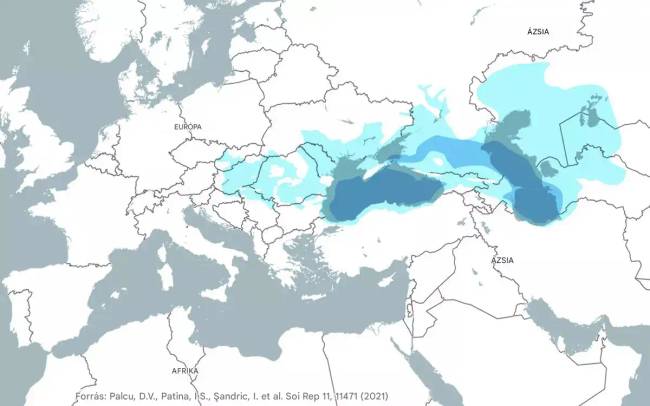 A Paratethys maximális (világoskék) és minimális (sötétkék) területe a miocén korban.