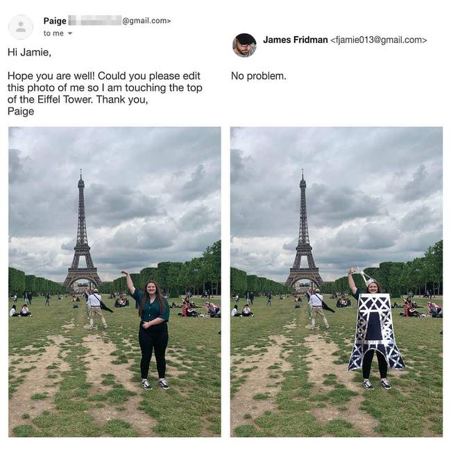 „Meg tudod csinálni, hogy úgy tűnjön, mintha az Eiffel-torony csúcsát érinteném éppen?"