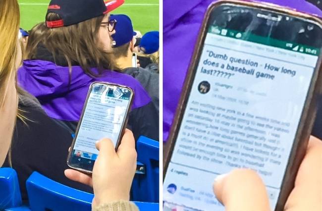 A lány által olvasott "milyen hosszú egy baseball meccs" című cikk arra enged következtetni, hogy kevésbé élvezi a meccset, mint a barátja.