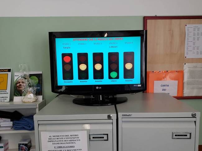 Ezen az olasz klinikán digitális kijelzőn mutatják, hogy melyik orvos mennyire van elfoglalva.