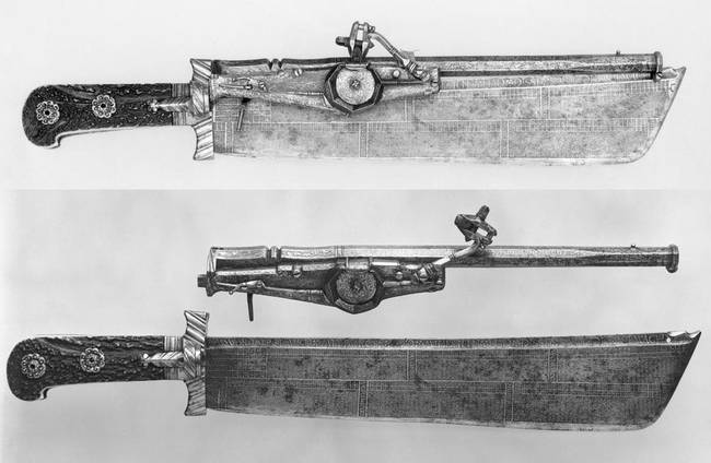 Német vadászkés, ami pisztoly és naptár is volt egyben. (1528)