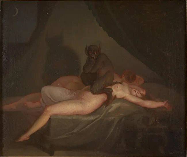 Henry Fuseli: "A rémálom: Az incubus egy alvó nő testén ül", a festmény egy változata.