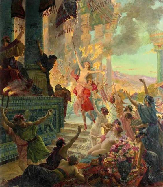 „Thaisz vezeti Perszepolisz palotájának lerombolását”, Georges-Antoine Rochegrosse, 1890.