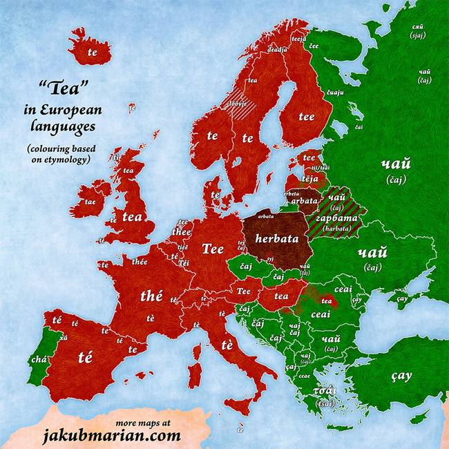 Végezetül egy kis érdekesség: így néz ki a különböző európai országok nyelvén a „tea" szó.
