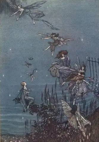 Arthur Rackham illusztrációja a "Pán Péter a Kensington parkban" című könyvhöz.