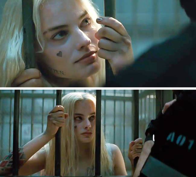 Az Öngyilkos osztag című filmben Harley Quinn előbb két egymásmelletti rácsba kapaszkodik, a következő vágásnál azonban már van egyel távolabbi rácson van a keze.