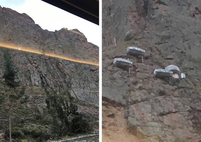 „Vonattal utaztam épp a Machu Picchu-hoz, amikor az egyik szikla oldalában furcsa épületekre lettem figyelmes. Mik lehetnek ezek?”
