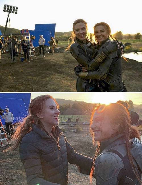 Scarlett Johansson és kaszkadőre, Heidi Moneymaker a Vasember című film forgatásán.